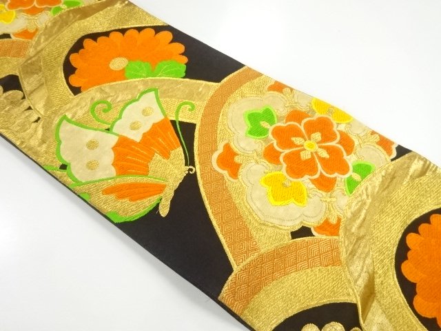 JAPANESE KIMONO / ANTIQUE FUKURO OBI / SILK / WOVEN FLOWER & BUTTERFLY